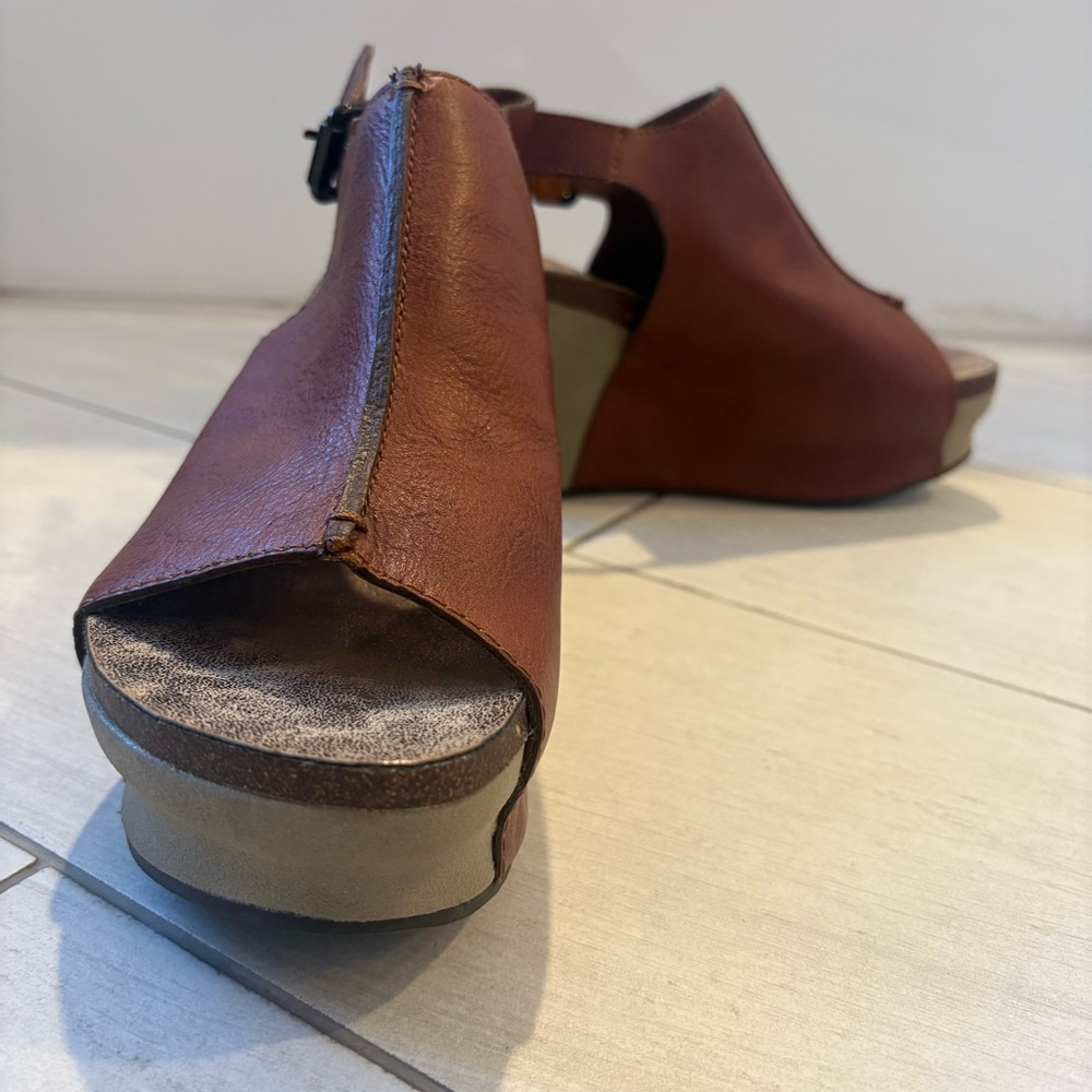 Otbt Leather Platform Sandals Wedges Cognac Brown Peep Toe Slingback 6.5 Boho - Picture 2 of 10